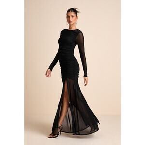 NWT Lulus Vibrant Poise Black Mesh Ruched Maxi Dress - Size XXL